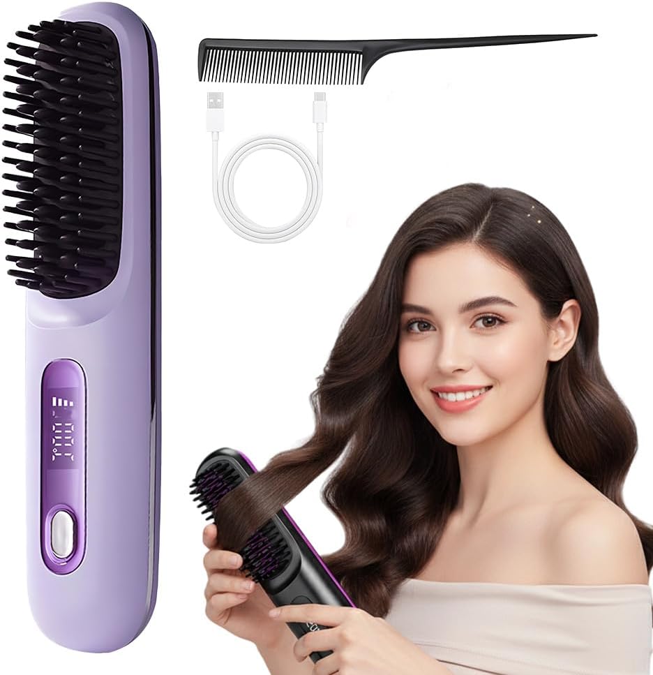 Cordless Straightening Brush for Short Hair - 2026 Upgraded Ionic & Ceramic Design | Fast Heat, 3 Temp Settings, 2000mAh Battery (Black)