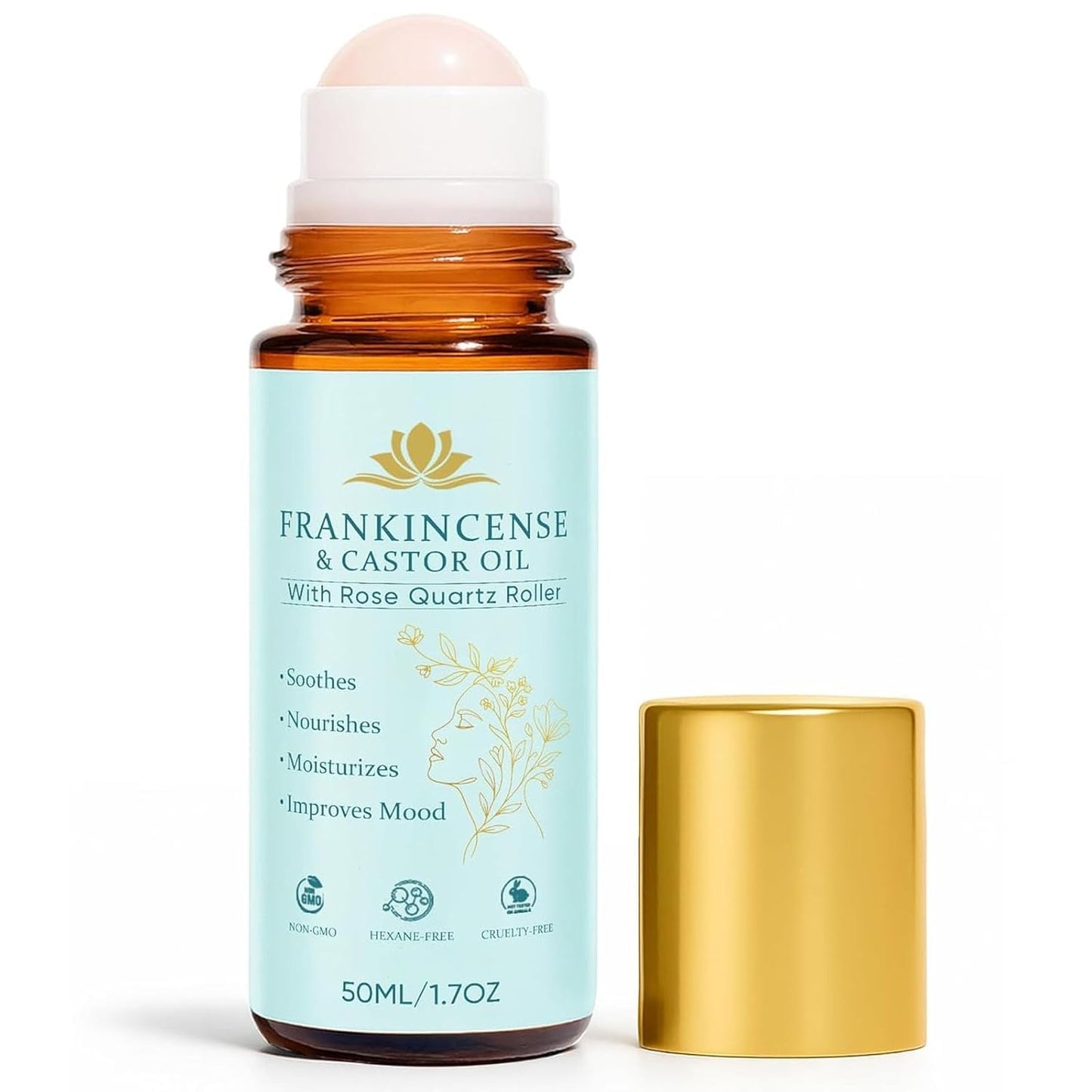 IYUWE Castor Oil Rose Quartz Roller Ball, Frankincense & Castor Oil Roll On for Face, Neck & Abdomen, Smooth Lightweight Skin Oil, Easy-Glide Roller Bottle 50ML/1.7oz (1 Pack)