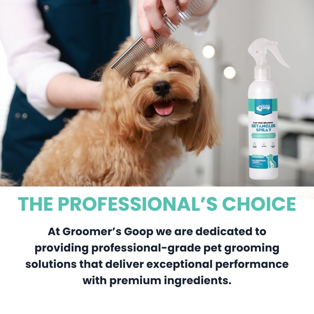 Groomer’s Goop Pain Free Brushing Detangler Spray – Tangle-Reducing Leave-in Formula Softens & Smooths Dog & Cat Coats, Gently Removes Dirt & Loose Fur, Reduces Shedding, Dye-Free – 8 oz Bottle