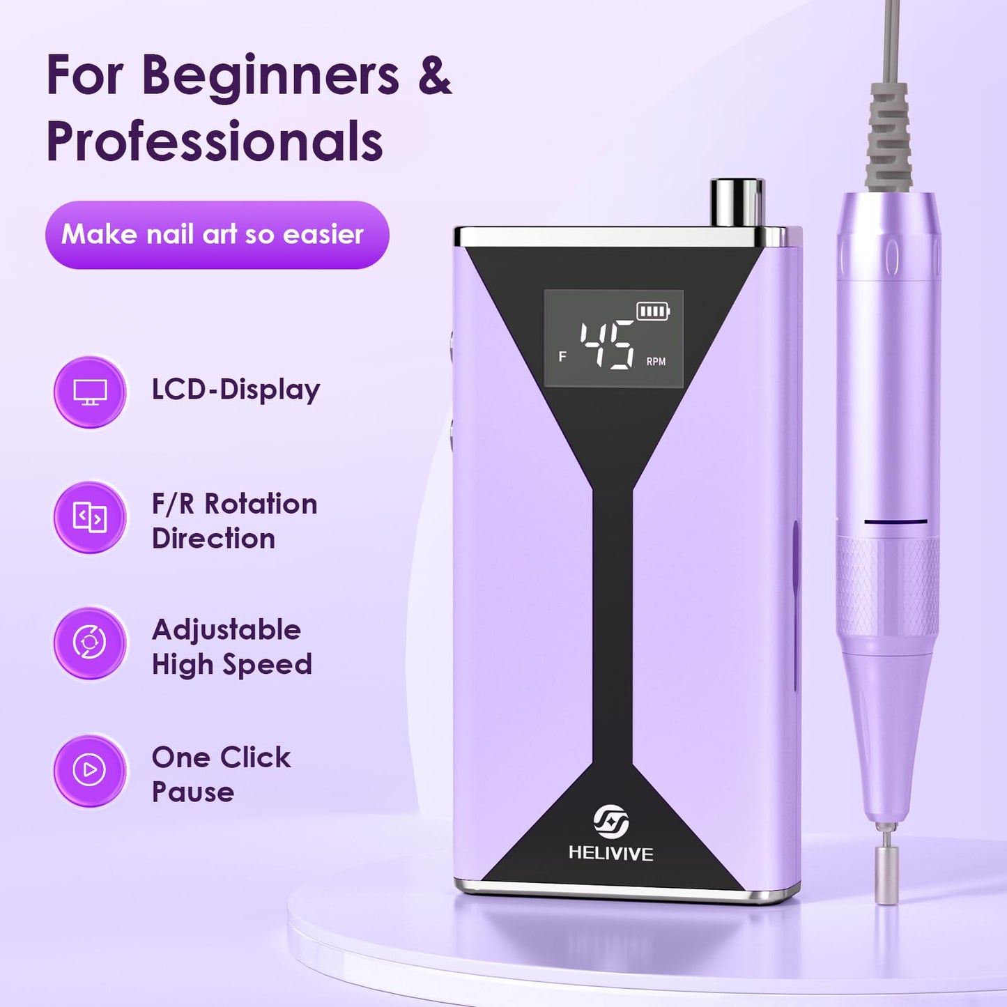 HELIVIVE Professional Electric Nail Drill 45000RPM (Portable & Rechargeable) (with 11 Drill Bits ) Cordless Nail File Machine for Shaping, Polishing & Removing Gel Nails for Salon Home(Purple)