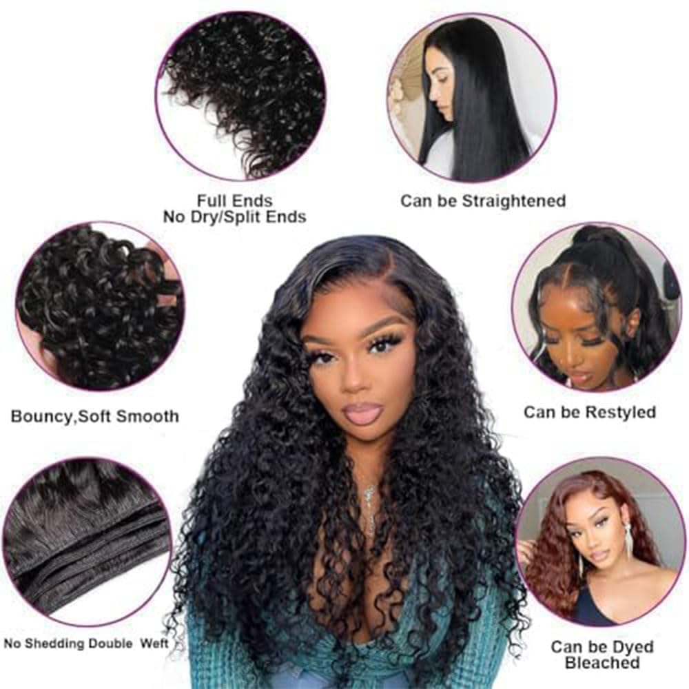 Water Wave Human Hair Bundles - 100% Unprocessed Brazilian Virgin Hair | Natural Black, 12-16 Inch, Curly Texture
