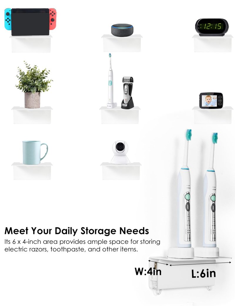 Haohaio Acrylic Electric Toothbrush Holder for Bathroom, Wall Mounted Electric Toothbrush Holder with Hidden Cable Management, Space-Saving and Convenient for Charging -White-2P