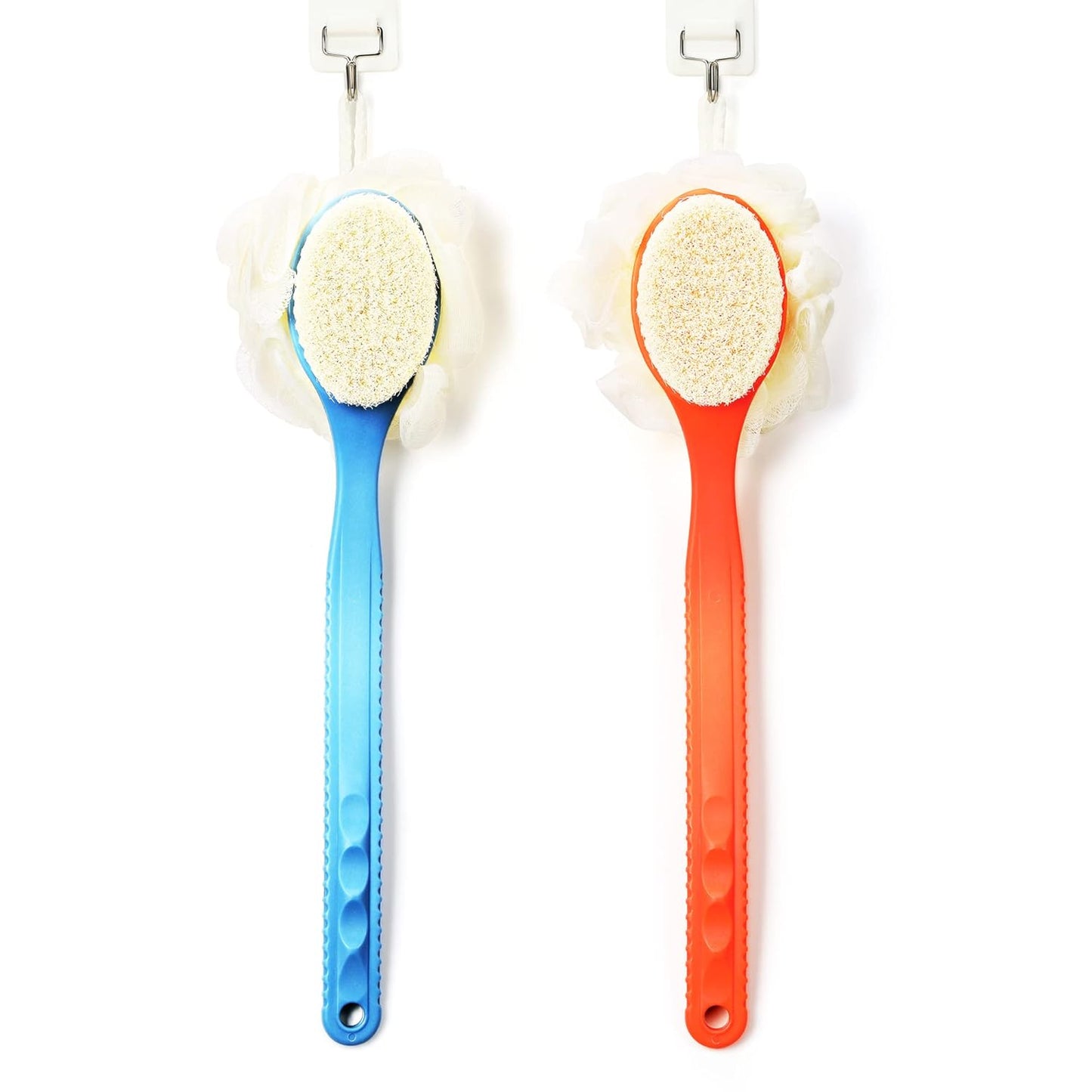 Shower Body Brush - Exfoliating Back Scrubber with Curved Handle | Dual Bristles & Loofah for Wet/Dry Use - Blue
