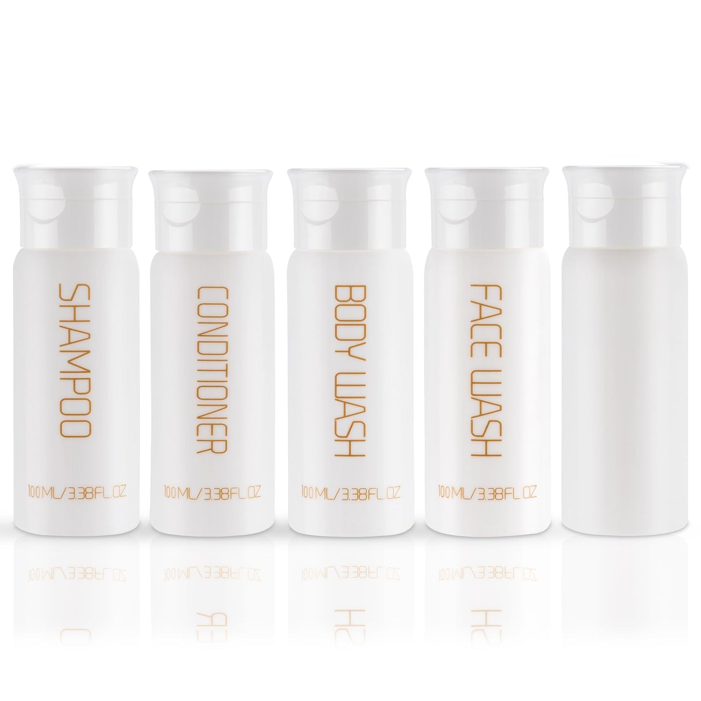 Wowang Travel Bottles for Toiletries 5 PCS 3.38 oz/100ml TSA Approved Leak Proof HDPE Plastic Containers with Pre-Printed Text (No Stickers Needed), Refillable Squeeze Bottle for Shampoo & Lotion