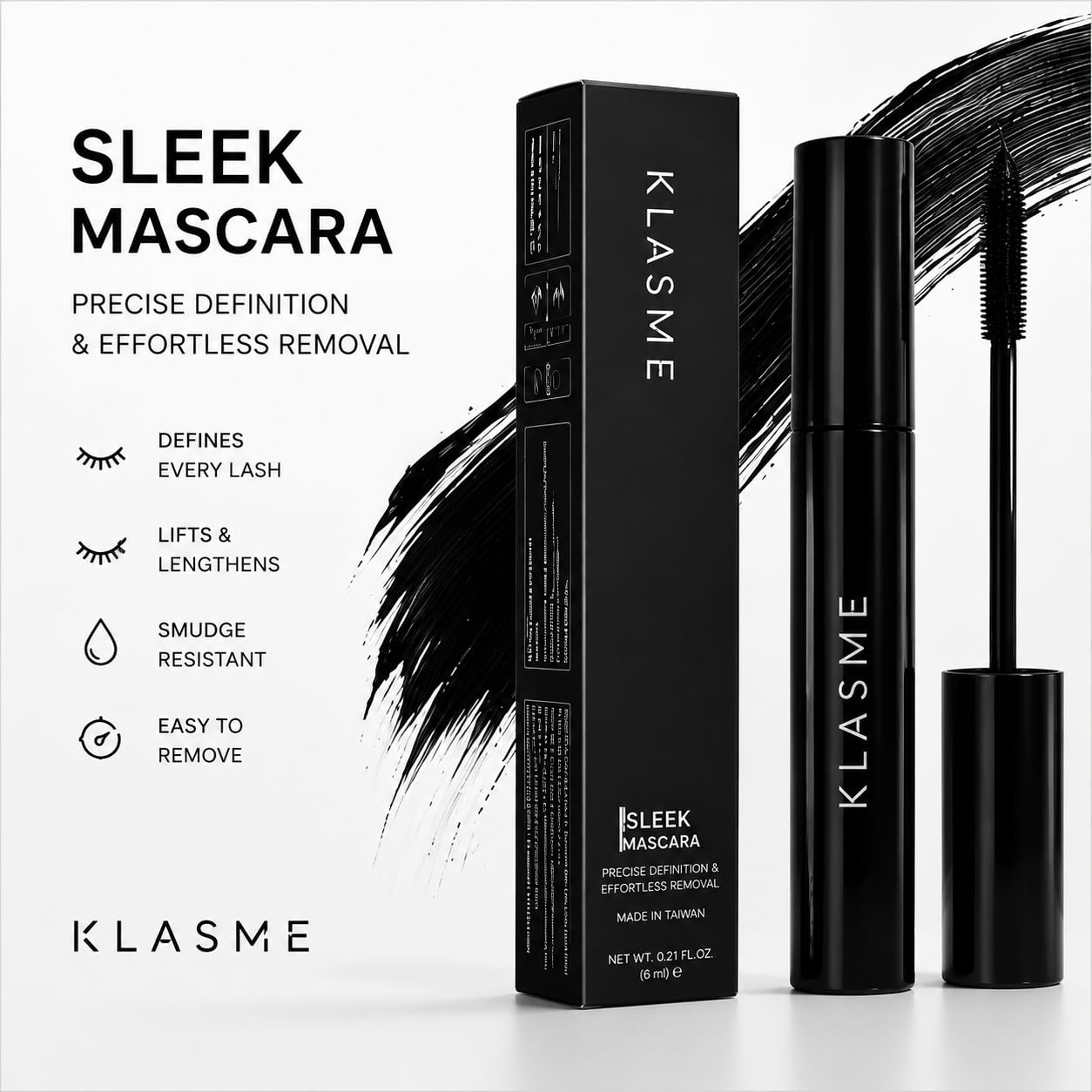 KLASME Sleek Mascara — Precise Definition & Effortless Removal | Buildable Volumizing & Lengthening Mascara | Black | 7.5 ml / 0.34 fl. oz.