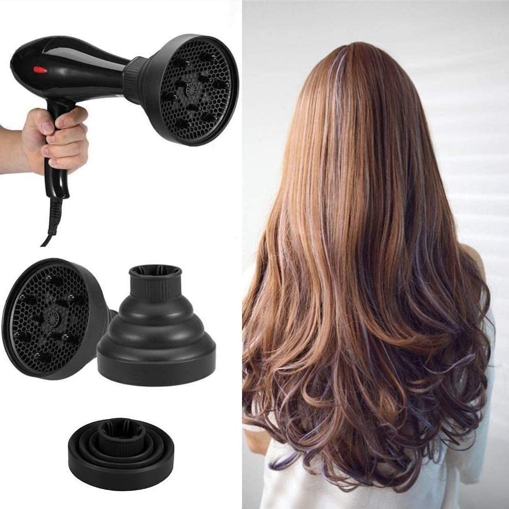 Hair Diffuser Attachment for Curly Hair - Collapsible & Portable Design | Fits 1.65-1.9In Hair Dryers (Black)