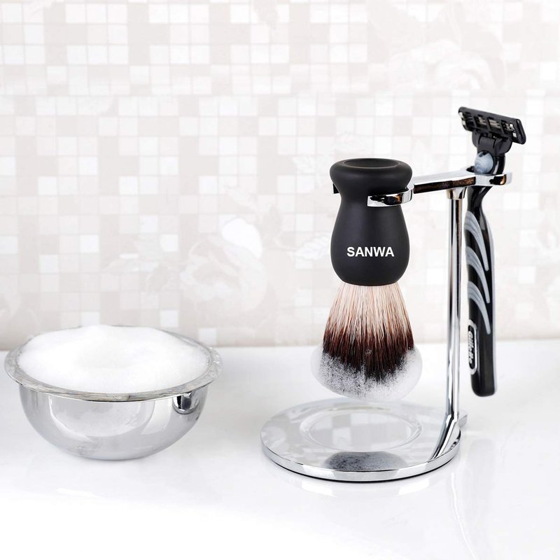 SANWA Deluxe Heavyweight Shaving Brush Razor Stand with Unbreakable Stainless Steel Shaving Bowl Set,Compatible with Gillette Fusion and Double Edge Safety Razor,Cartridge Razor