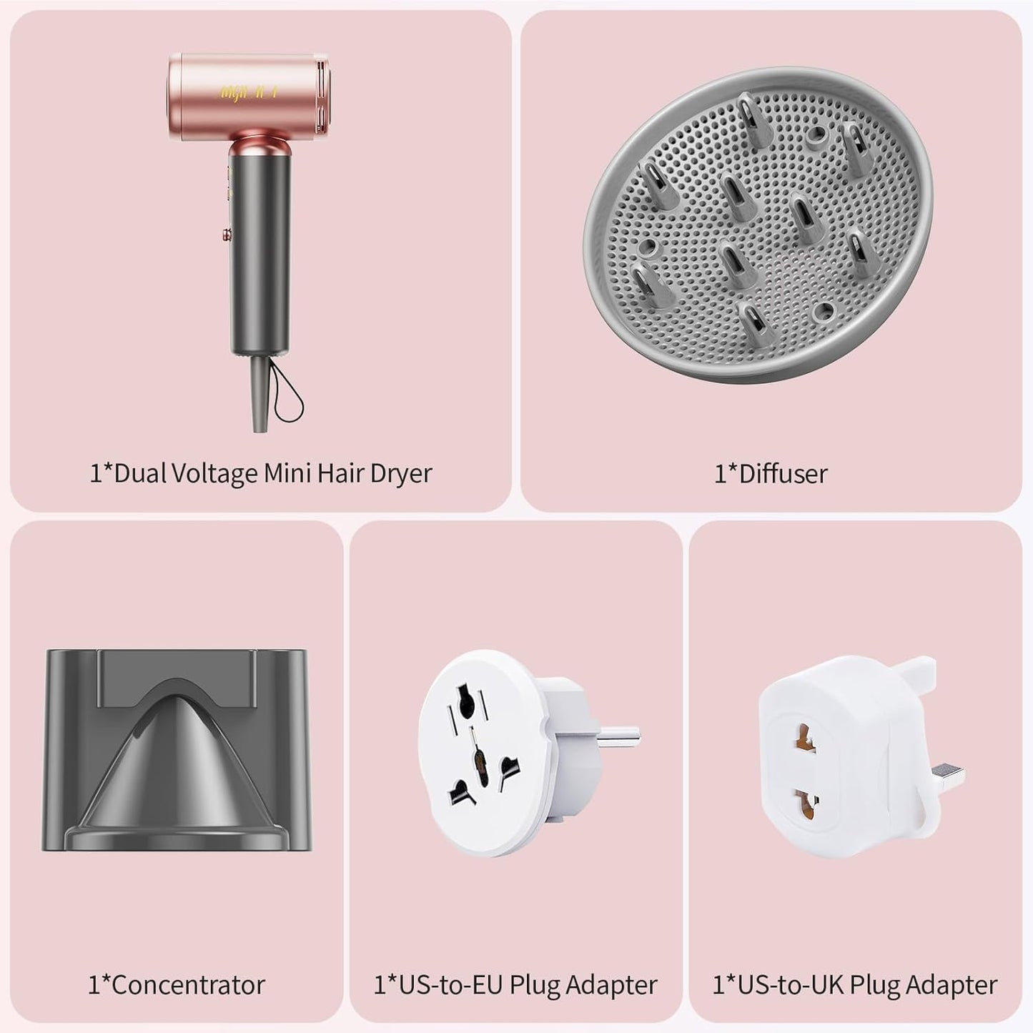 Travel Mini Hair Dryer - Dual Voltage 100-250V | High-Speed 110,000 RPM with European Plug Adapter & Concentrator Nozzles