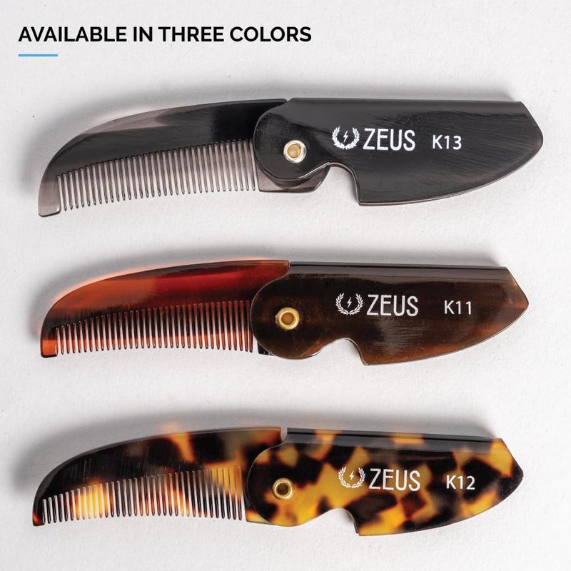 ZEUS Folding Mustache Comb for Men, Handmade Saw-Cut Pocket Comb for Men’s Beard & Moustache Grooming, Compact & Travel Friendly (Black) 3 PACK