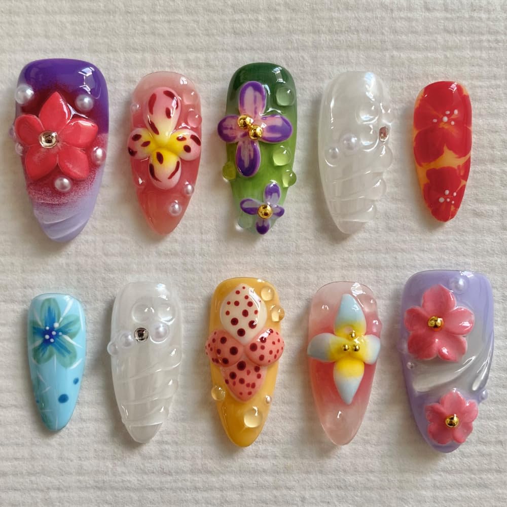 Fall Press On Nails - Handmade Gel Almond Fake Nails, Brown Art Design | Reusable 10 Pcs Acrylic Kit (Size S)