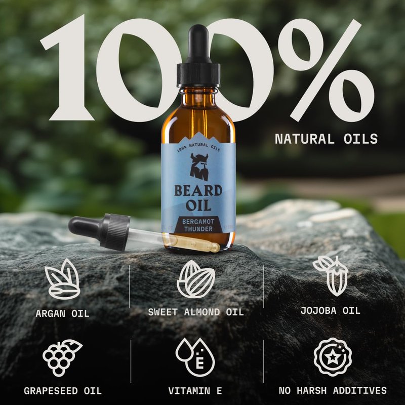 Striking Viking Beard Oil for Men -2 Fl Oz (1 Pack), Bergamot Thunder - Naturally Derived Conditioner with Almond, Tea Tree, Argan & Jojoba Oil for Beard Growth, Softening & Moisturizing