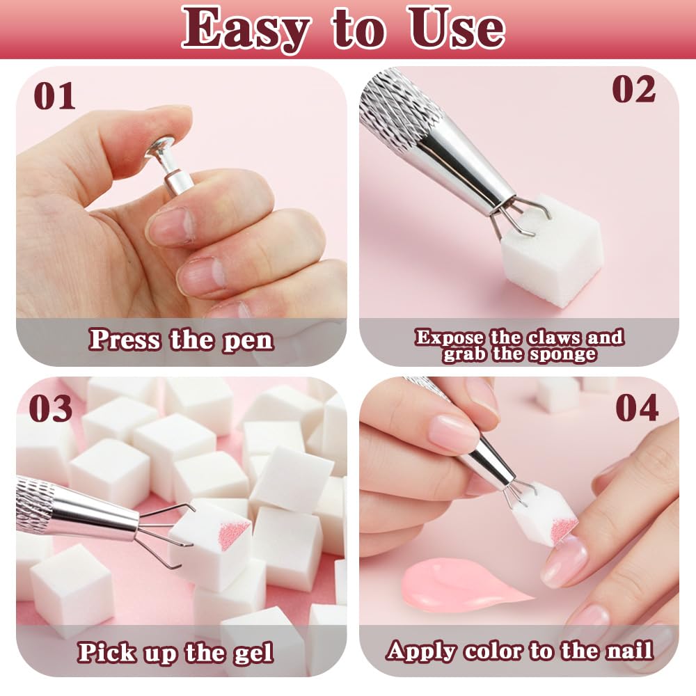 Nail Sponges 100 Pcs Nail Art Sponges Nails Sponges for Ombre with Grabbing Pen and Storage Case for DIY Nails Art Tools Accessories Supplies Design Manicure Professional Salon and Home Use, White