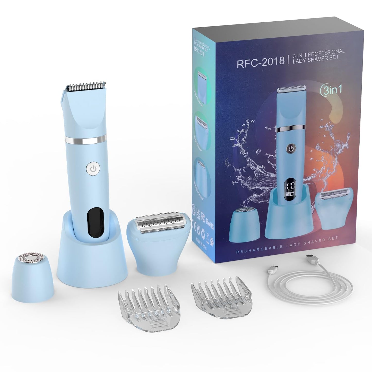 Zivelier 3-in-1 Electric Razor IPX7 Waterproof Bikini Trimmer Wet & Dry Use Painless Personal Trimmer Groomer for Ladies Face Body Legs Bikini Public Hairs Electric Lady Shaver with Replaceable Heads