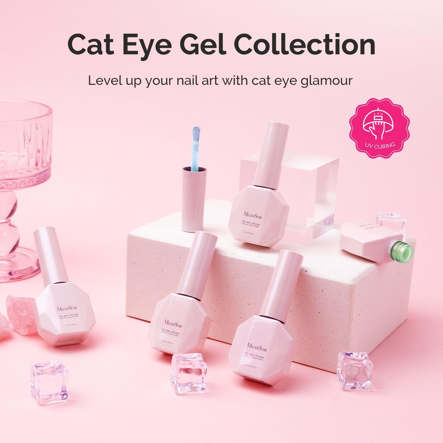 MelodySusie Macaron Pink Blue Cat Eye Set Cat Eye Gel Nail Polish Set 6 Pcs, 0.26 Fl Oz Glitter Holographic Magnetic Nail Polish with Magnet, UV Nail Polish for Nail Art Manicure Salon DIY at Home