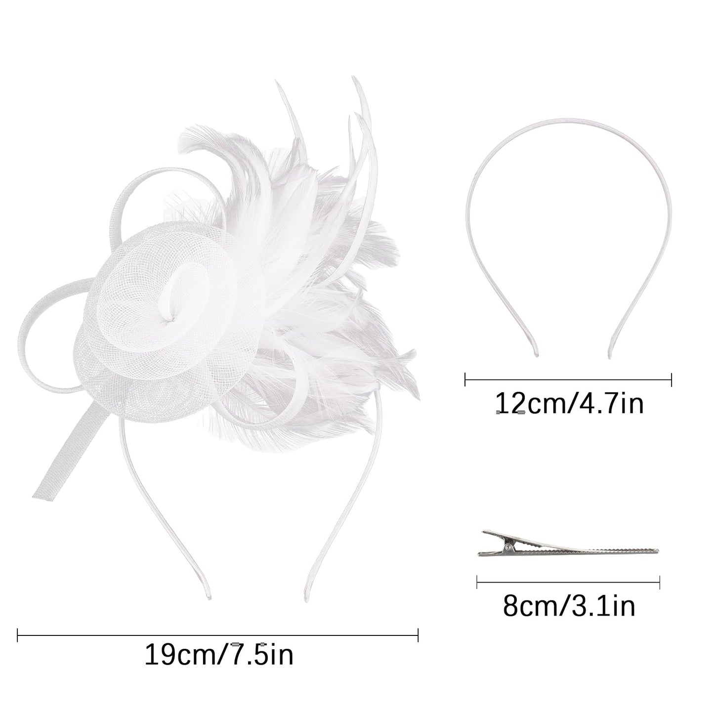 AMCAMI Fascinators Hats with Feather for Women 2025 Derby Hats Tea Party Hat with Headband and Clip White