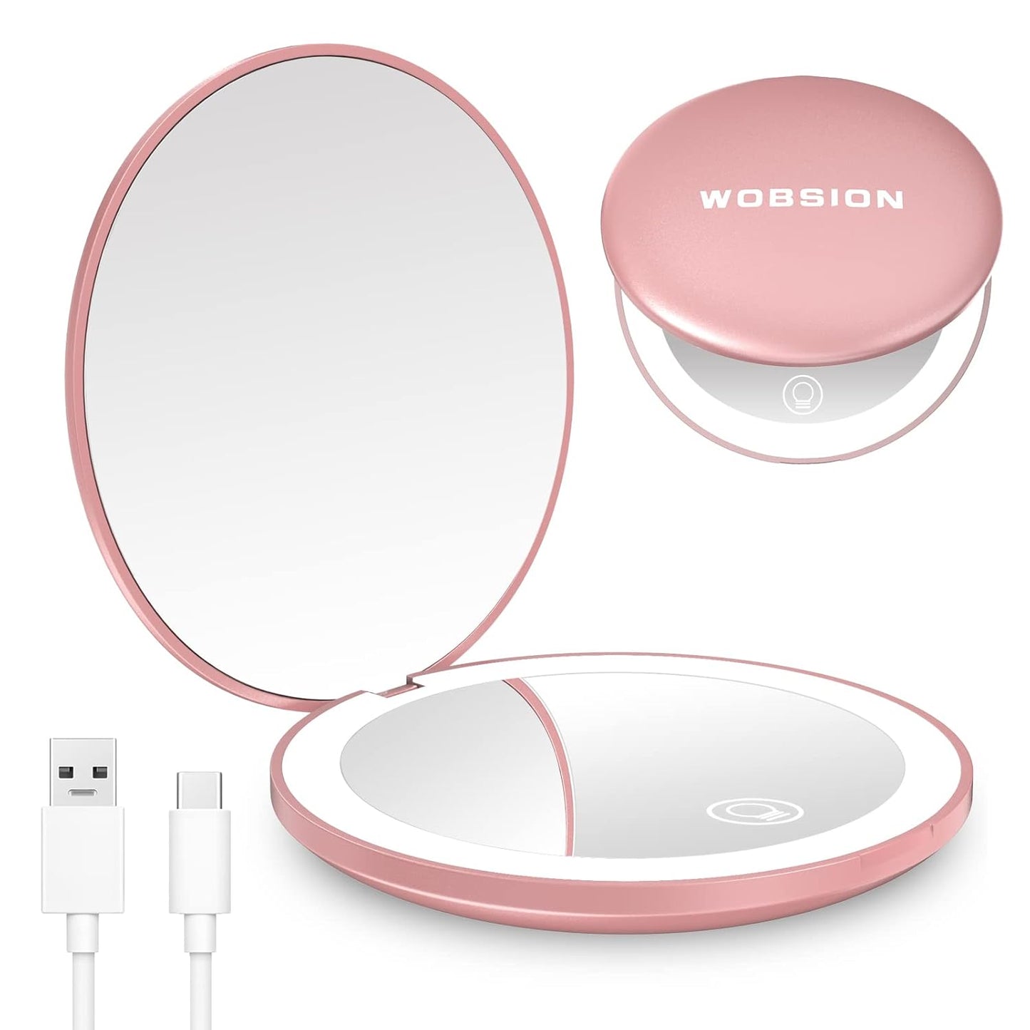 Travel Mirror with Light - Rechargeable 1x/10x Compact Magnifying Mirror | Dimmable Pocket Mirror, 3.5 Inch, Rose Gold