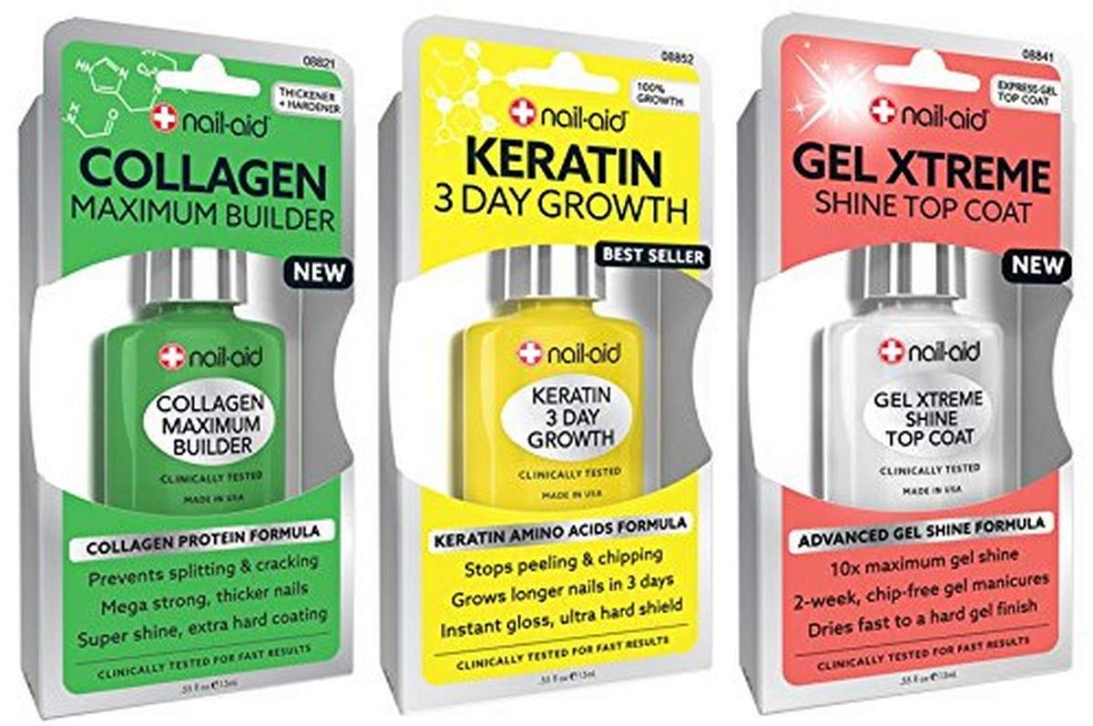 NAIL-AID Collagen Base & Keratin Growth Gel Top Coat - Clear, 3 Count for Stronger Nails