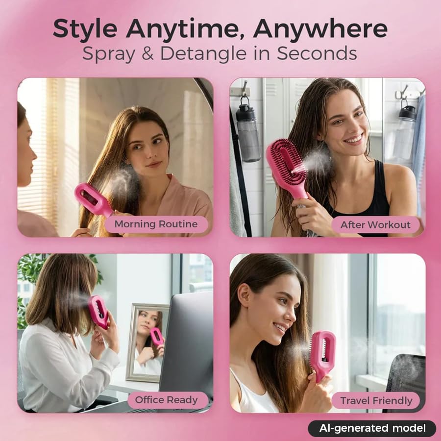 2-in-1 Mist Hair Brush - Detangling Spray Brush for Hydrating & Frizz Control | Hot Pink