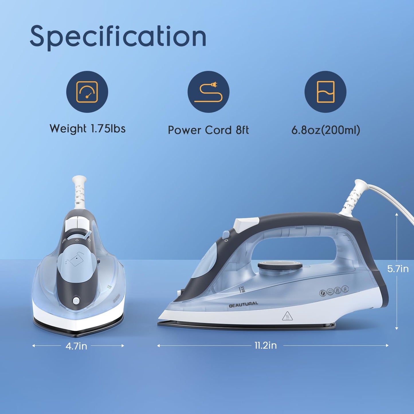 BEAUTURAL Compact Steam Iron for Clothes, Non-Stick Soleplate, Burst of Steam, Spray Mist, Self-Cleaning, Anti-Calcium, Anti-Drip, Easy Temperature Control, Light Weight, 1200 Watts