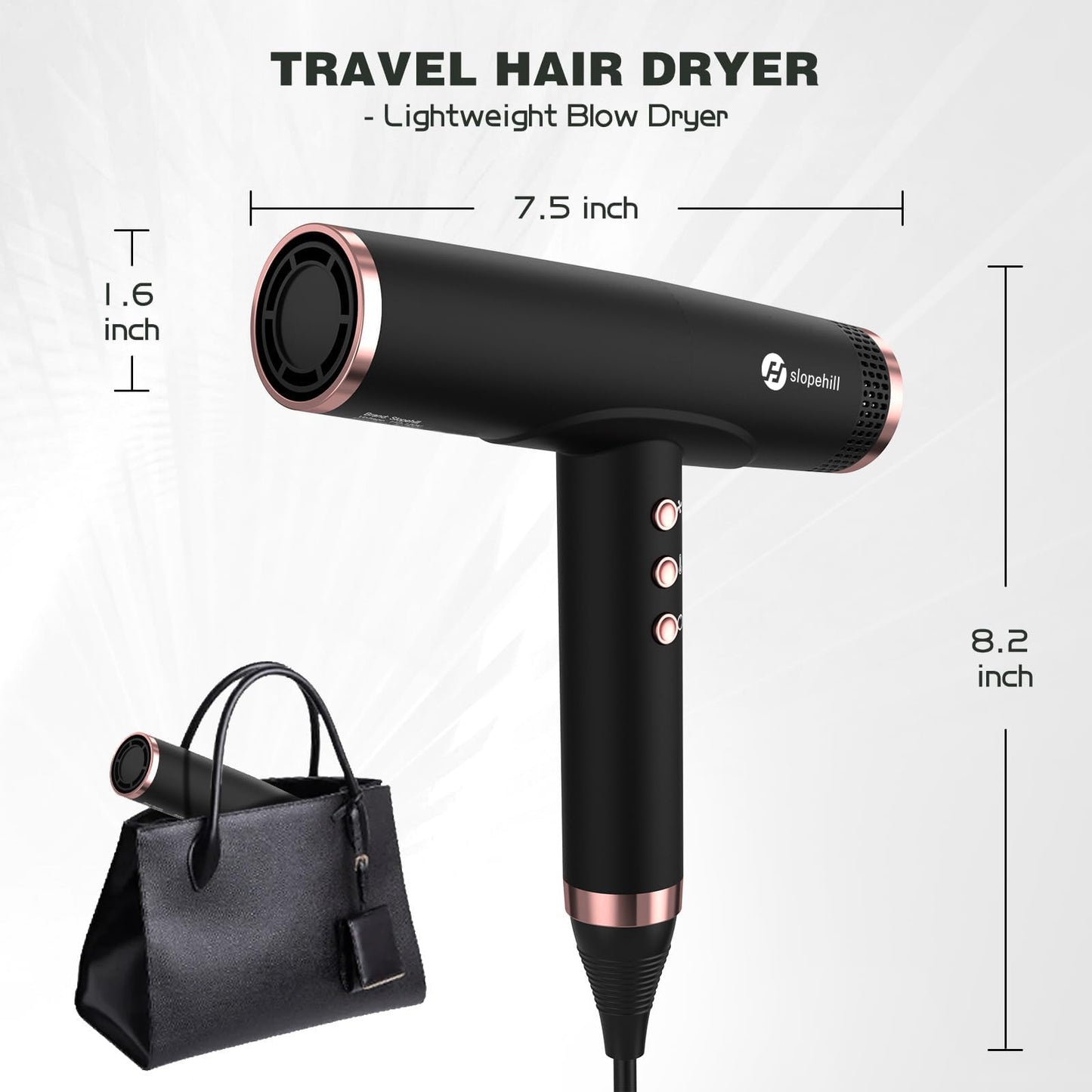 slopehill Professional Ionic Hair Dryer with Diffuser - Lightweight, Compact, Powerful & Fast Salon Blow Dryer with High Speed Brushless Motor for Travel, Women & Men Ceramic, Black