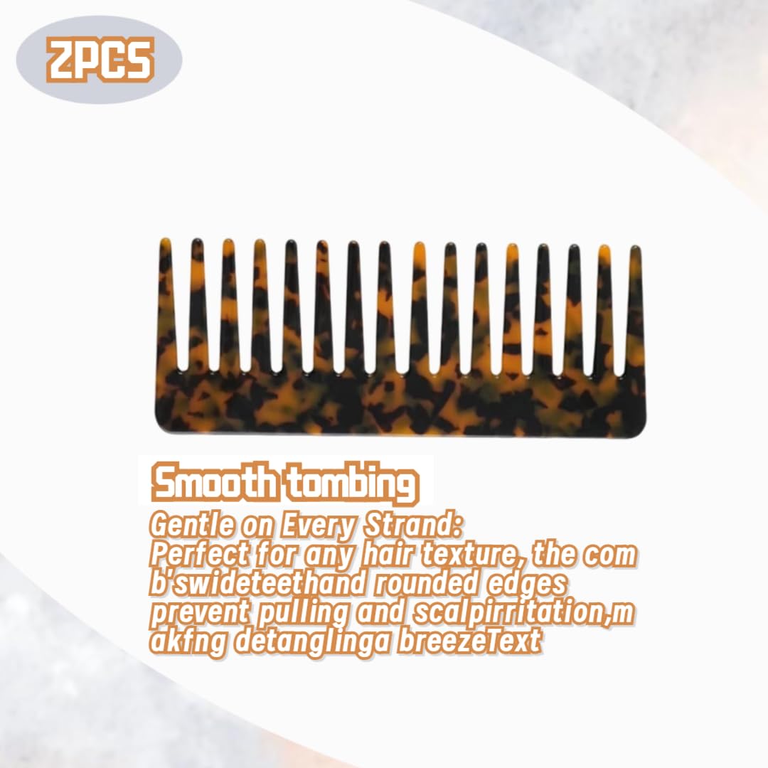 Hair Detangling Comb Set - Wide Tooth Cellulose Combs for Thick, Curly, Wavy Hair | 2 Pack in Tortoise Shell & Ivory