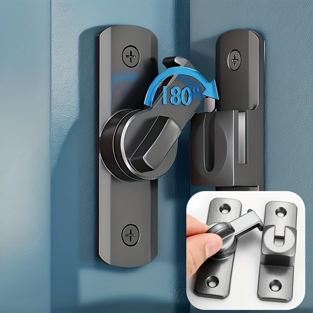 Heavy Duty Security Door Lock 1pc - Anti-Pry Bolt Lock with 90°/180° Adjustable Sliding Insert, Commercial Residential Grade, Manual Operation, Includes Screws,Black