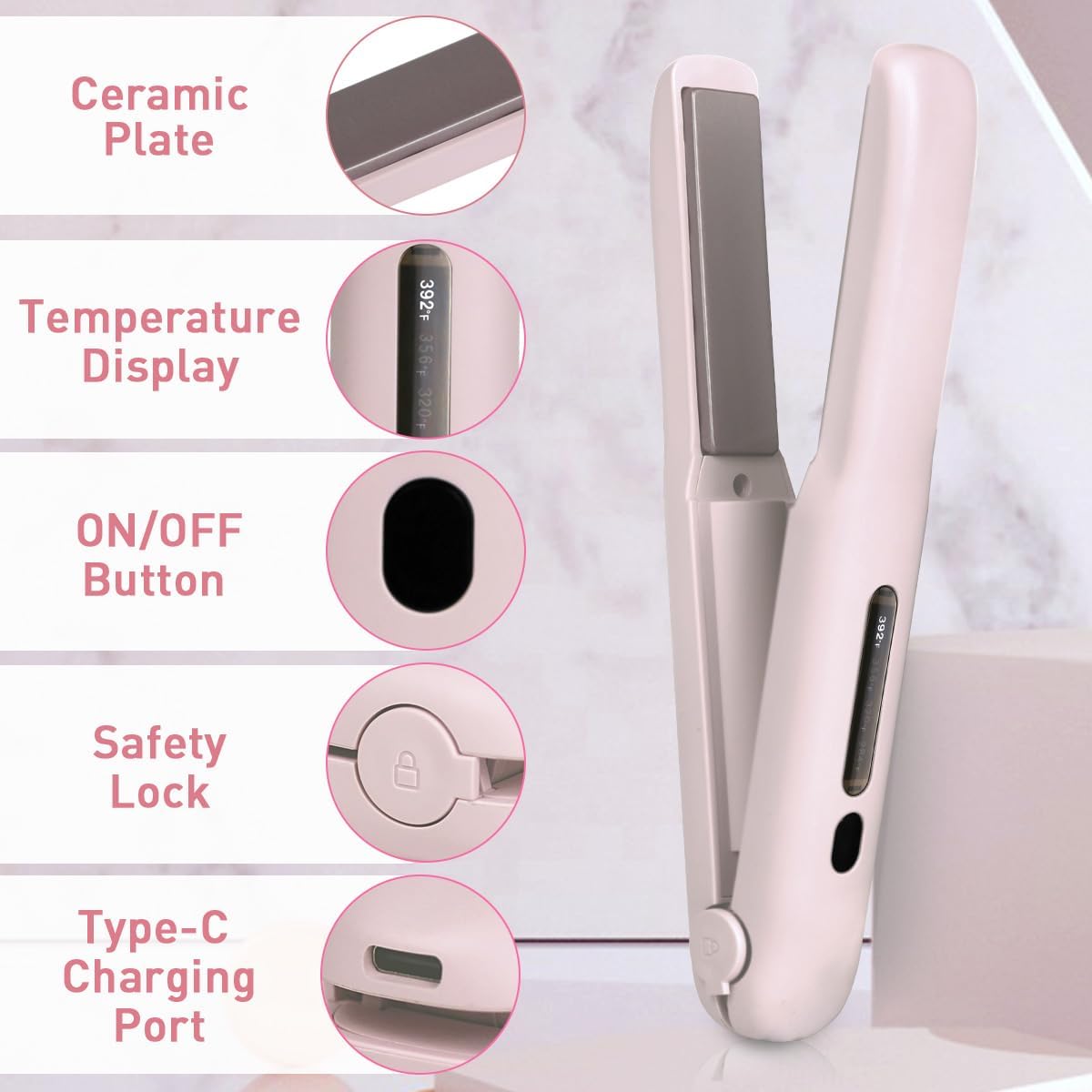 Cordless Hair Straightener - Portable 2-in-1 Mini Flat Iron & Curler | Fast Heating, Adjustable Temp, Pink