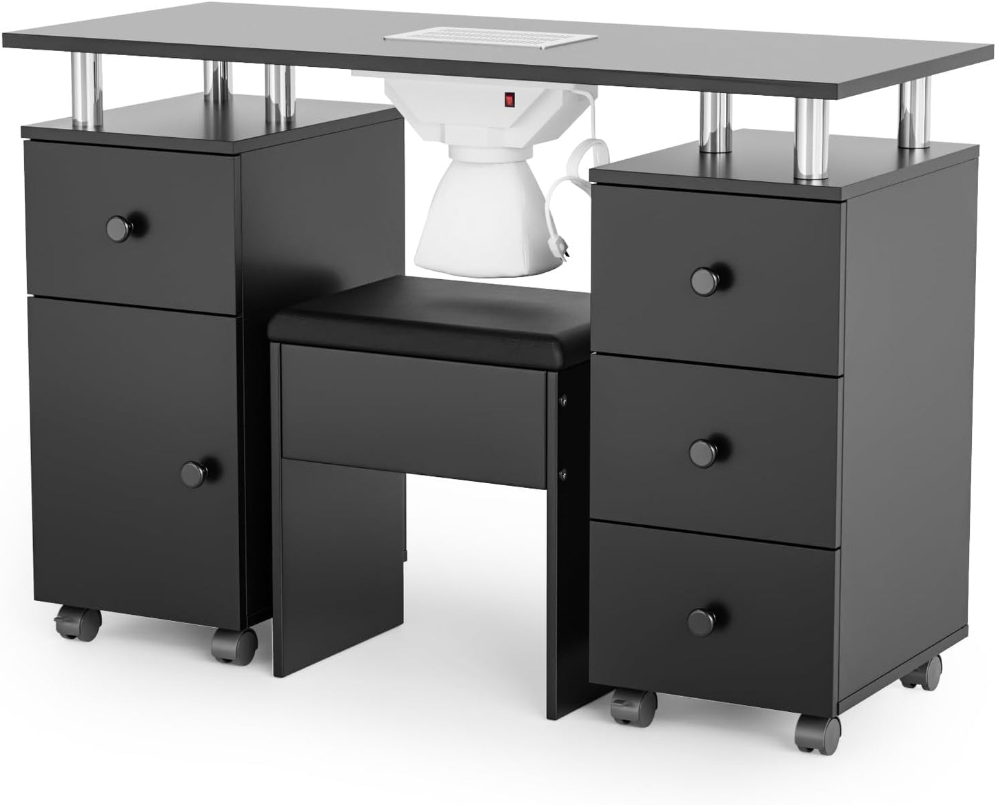 Nail Desk and Chair Set - Acetone Resistant Manicure Table with Dust Collector & Storage Drawers | White