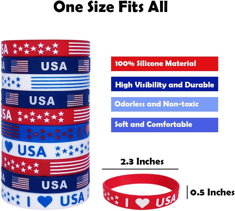 American Flag Silicone Bracelets - 40 Pcs Patriotic Party Favors | 4th of July, Memorial Day, Veterans Day