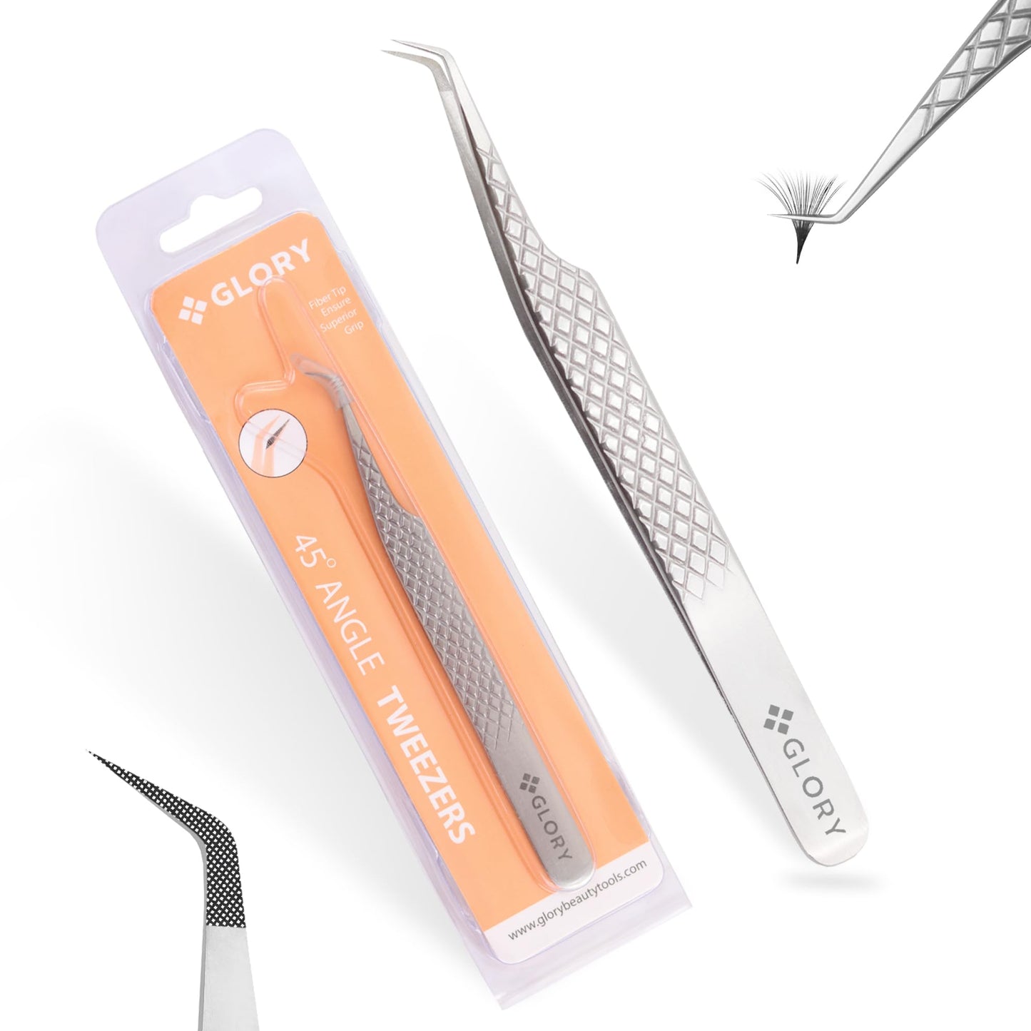Glory Professional 45 Degree Angle Lash Tweezers for Eyelash Extensions, Precision Fiber Tip Diamond Grip Stainless Steel Lash Tool for Classic, Volume & Mega Volume Professional Lash Tech Supplies