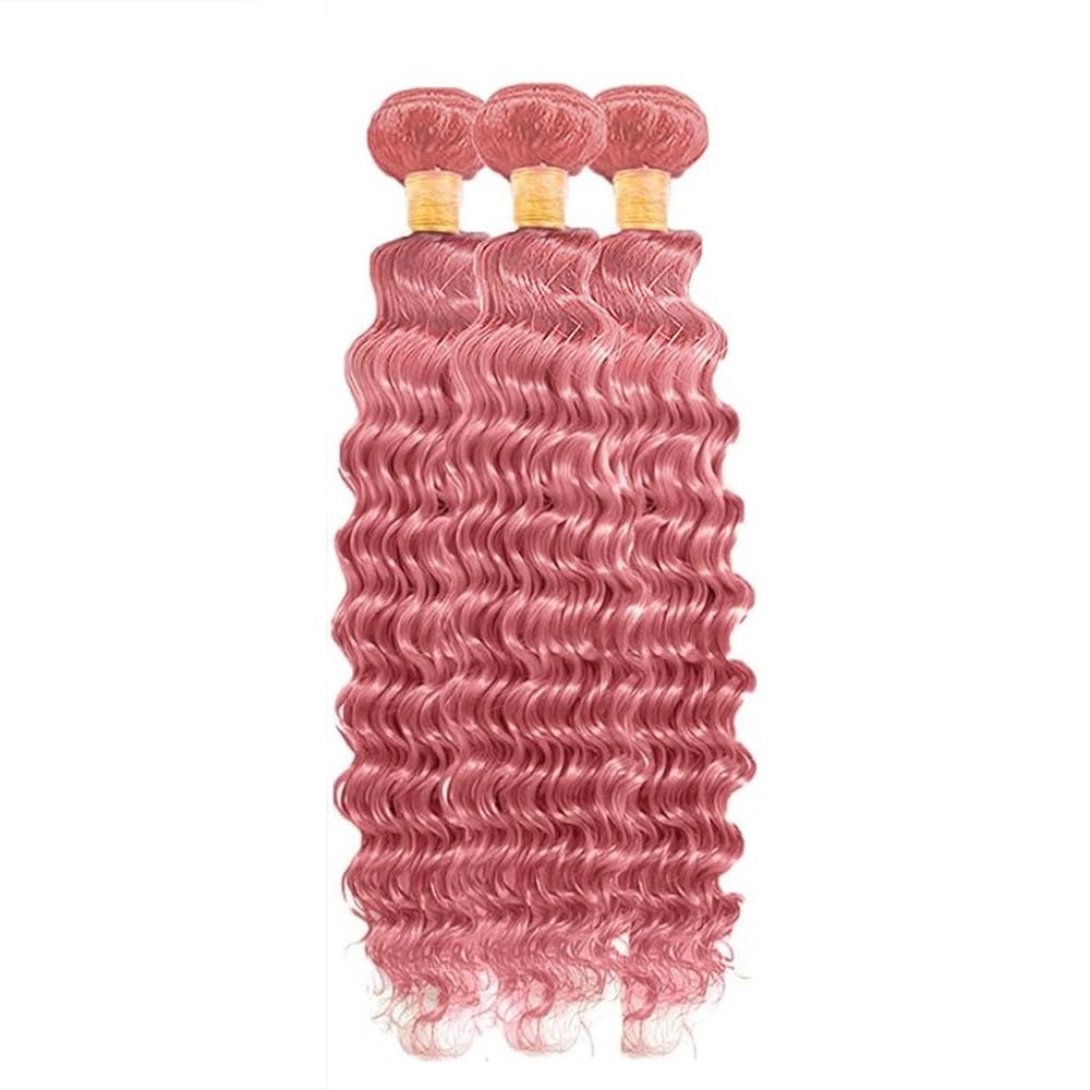 Pink Bundles Human Hair Deep Wave Bundles 16 18 20 Inch Unprocessed Brazilian Virgin Hair 3 Bundle Deals Quick Weave Hair Extensions 50 Gram Per Bundle