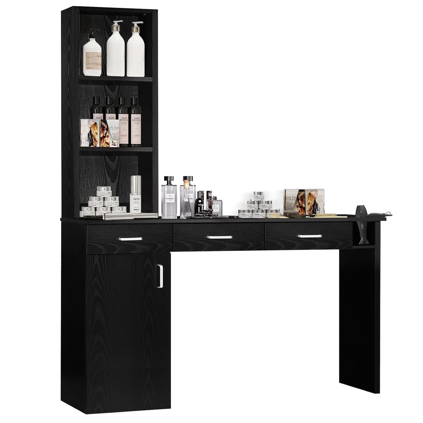 4ever2buy Salon Stations for Hair Stylist, Black Barber Hair Salon Station, 3 Hair Dryer Holder, 3 Drawers and 1 Cabinet, Mirror not Included, Black