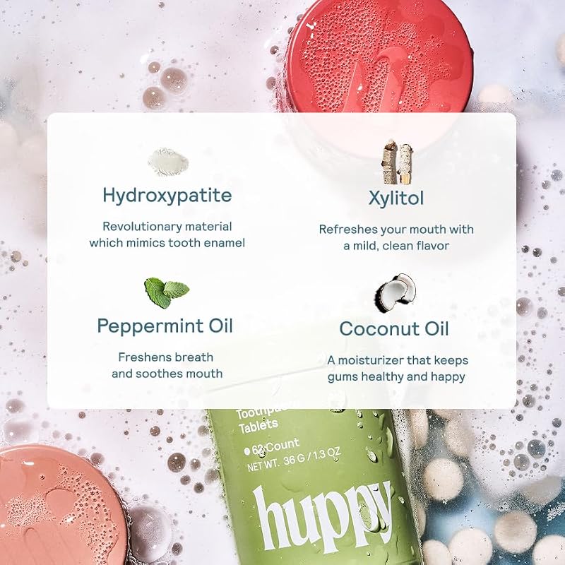 Huppy Toothpaste Tablets with Refillable Tin - Fluoride-Free, Charcoal Mint, 62 Count