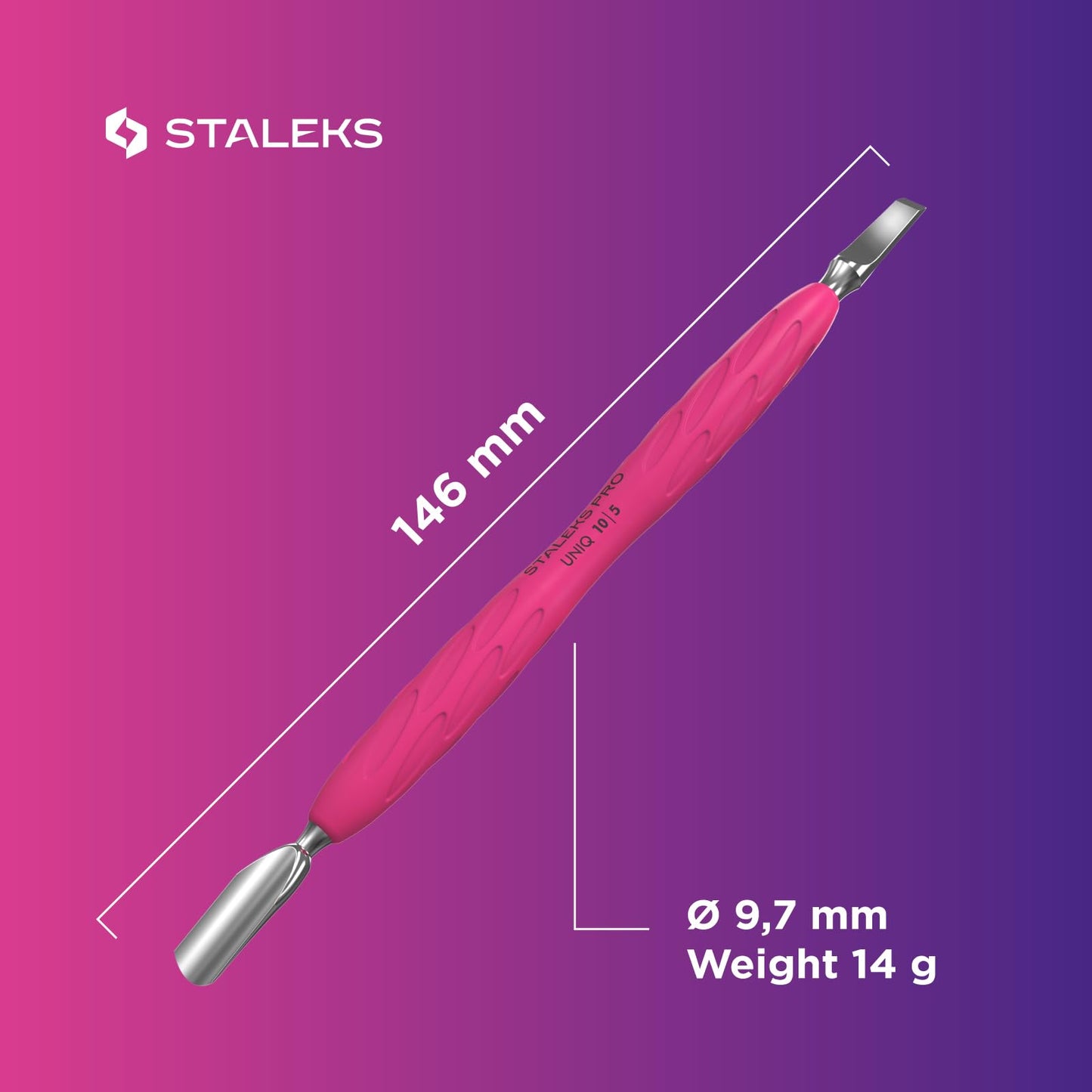 Staleks Pro Manicure Pusher UNIQ 10 Type 5 – Silicone Handle – Narrow Rounded Pusher & Straight Blade