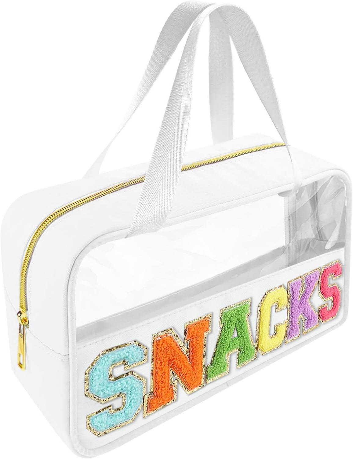 Chenille Letter Clear Makeup Bag - Waterproof Travel Toiletry Bag with Handle | Preppy Dance Patch Design (Black)
