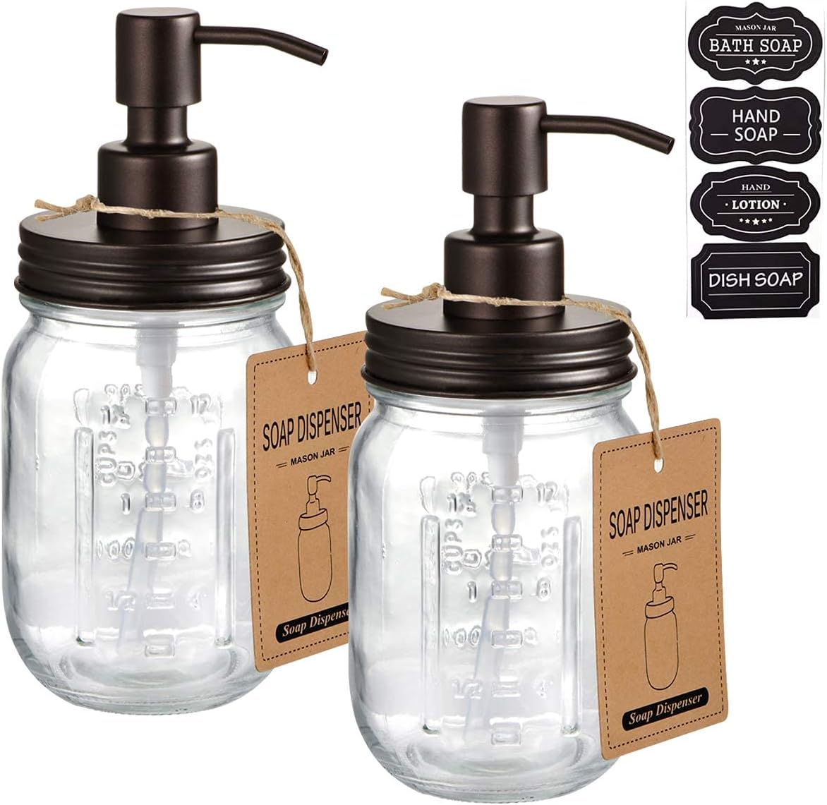 Mason Jar Liquid Soap Dispenser - 16oz Refillable Glass Pump | Black 2 Pack for Kitchen & Bathroom Decor
