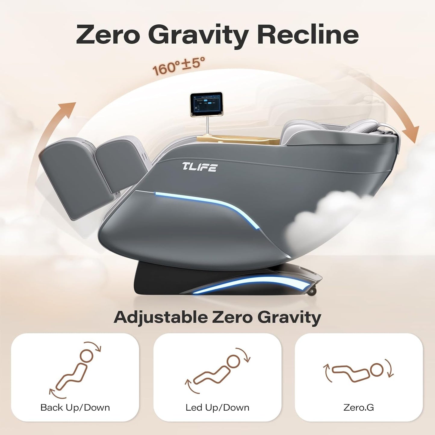 TLIFE Full Body Massage Chair - 160° Zero Gravity Recliner with Body Scan, 12 Auto Modes, Heating | Grey