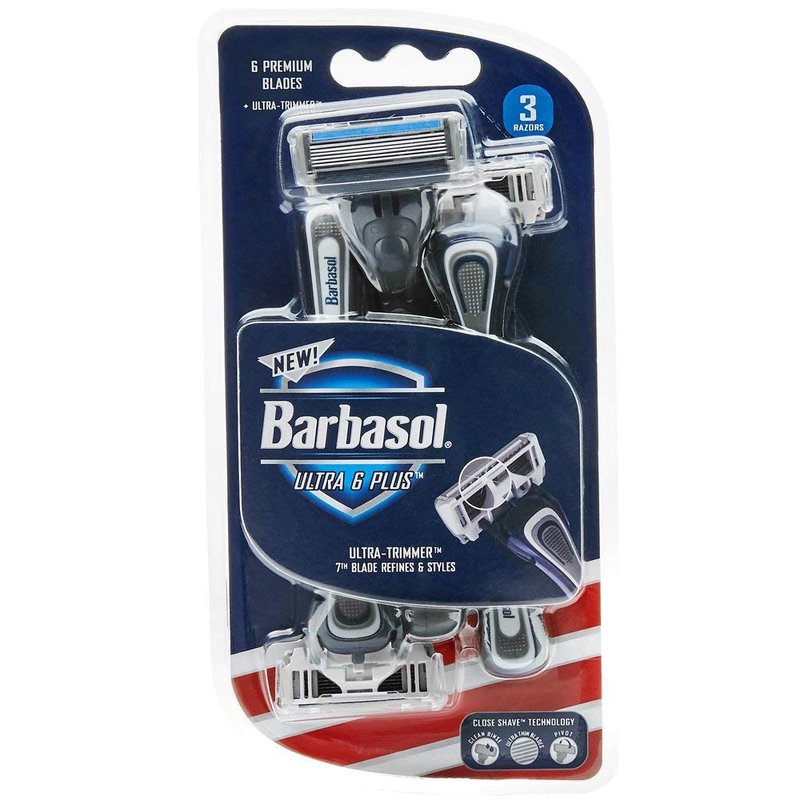 Barbasol Ultra 6 Plus, Premium 6-Blade Disposable Razors | Disposable Shaving Razor Bundle | Close Shave Technology, UltraTrimmer 7th Blade, Pivoting Head (1 Pack / 3 Total Razors)