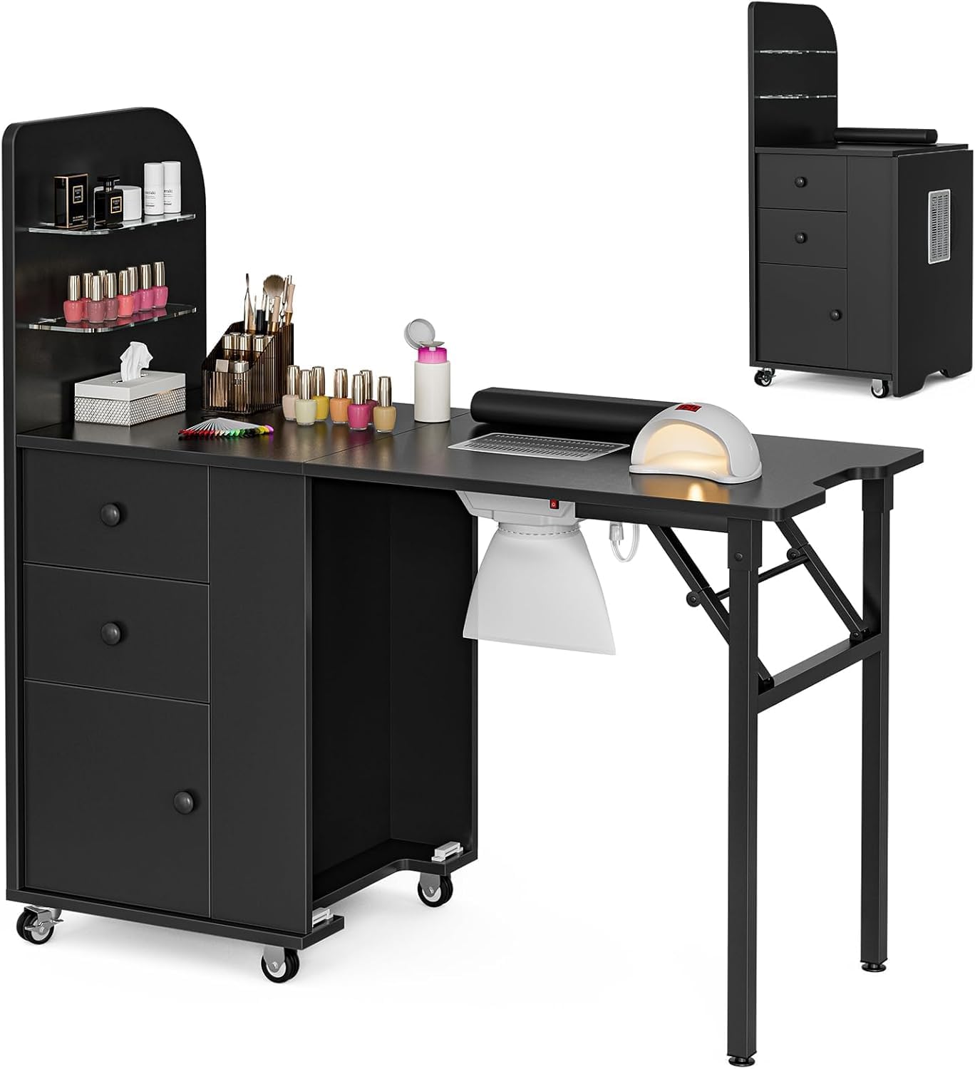 Foldable Nail Desk - Manicure Table Station with Dust Collector, 2 Shelves & Drawers | Portable Design with Lockable Wheels