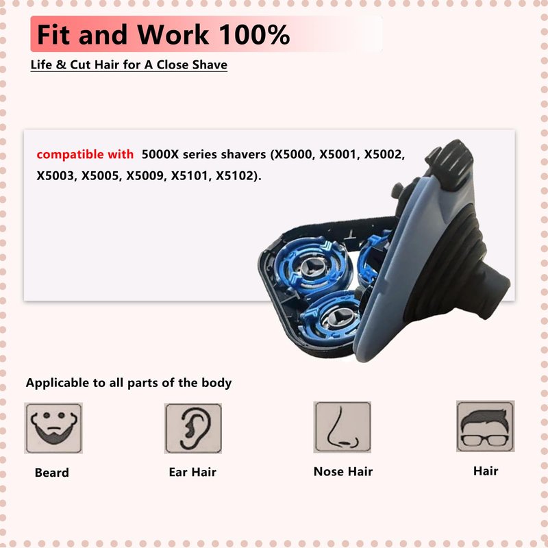 Replacement Heads Compatible with Philips Norelco 5000X Series Shavers, for Norelco 5000x Replacement Heads, Fits Models X5000,X5001,X5009, X5101, X5102,X5002,X5003,X5005