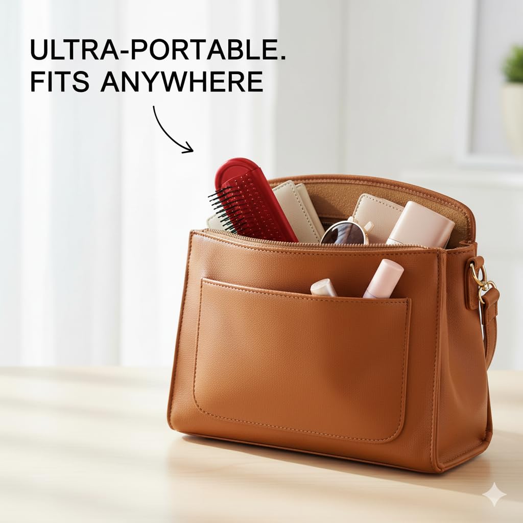 Folding Brush with Mirror for Women, Girls - Mini Hair Brush for Purse, Small Pocket with Soft Nylon Bristles and Mirror for Travel RED