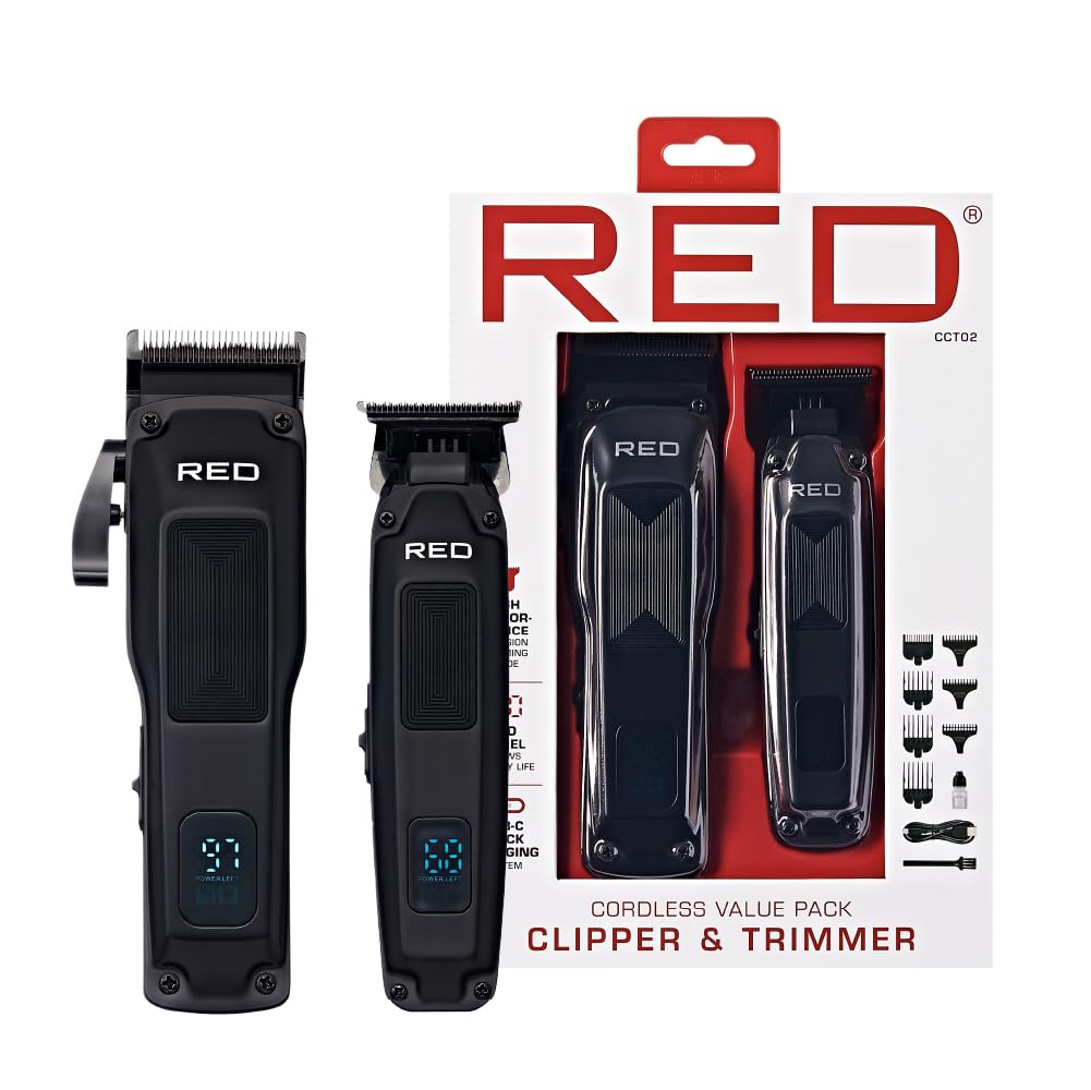 Red by Kiss Cordless Clipper & Trimmer Combo Set for Hair & Beard Grooming, Professional Fade Clipper with Precision T-Blade Trimmer, Rechargeable Haircut Kit for Home & Barber Use (Black)