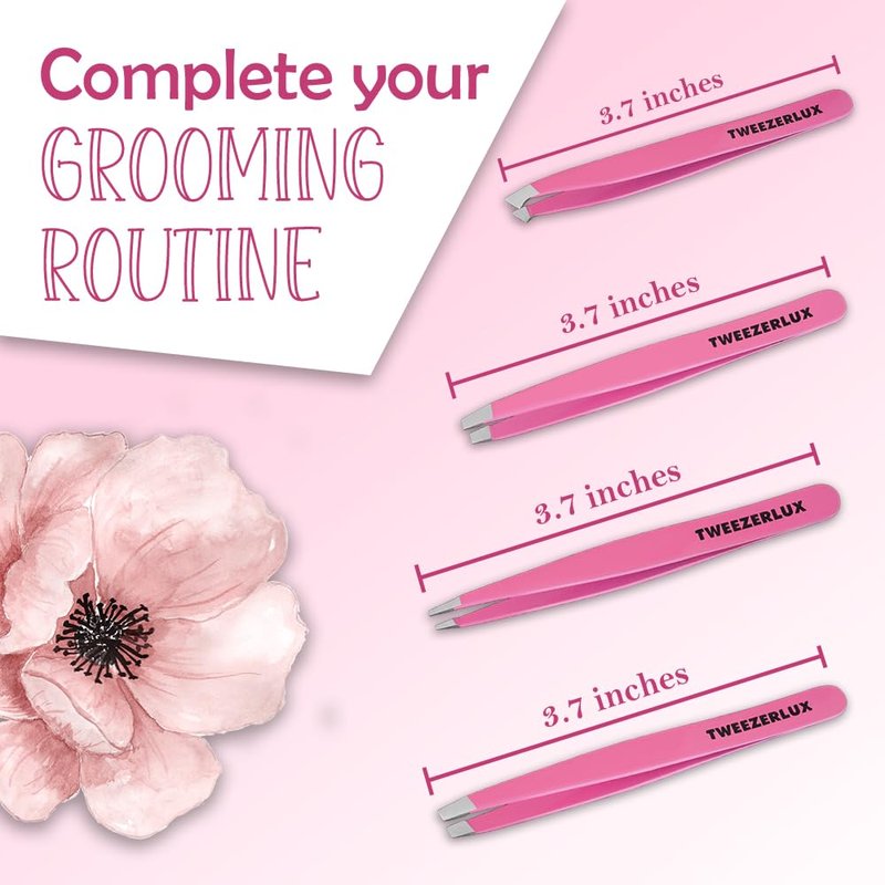 TWEEZERLUX Tweezers Set - Professional Stainless Steel Tweezers for Eyebrows - Great Precision for Facial Hair, Splinter and Ingrown Hair Removal (PINK)