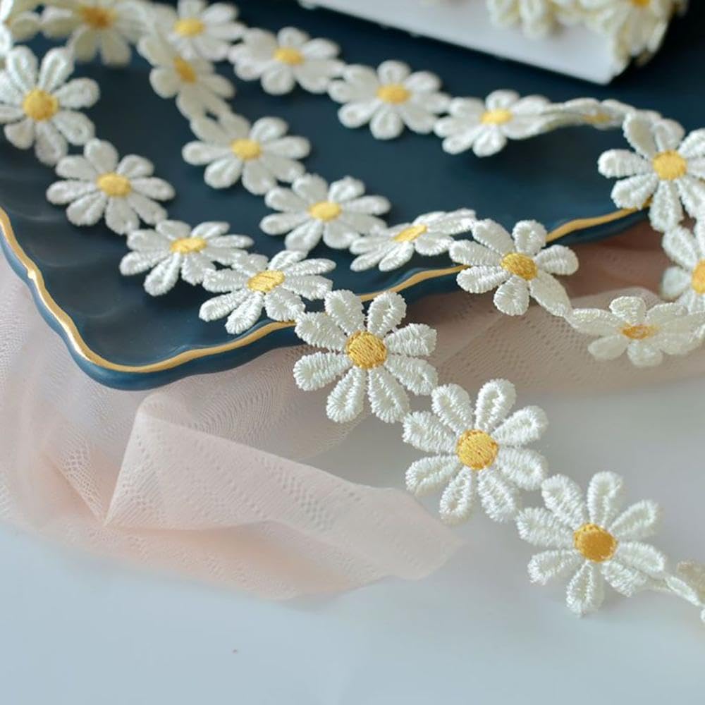 Daisy Lace Trim Bright Ribbon Headwear Decor Small Yellow Flower Embroidered Handmade DIY Sewing Trimming Decor(E)