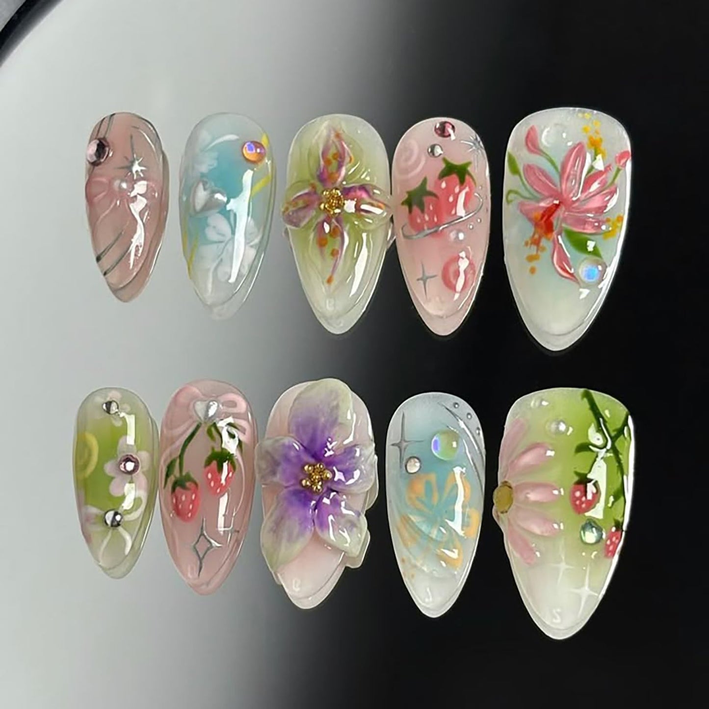 Gold Star Press-On Nails - 30 Pcs Medium Almond Acrylic with 3D Blue Rhinestones | Bohemian Style