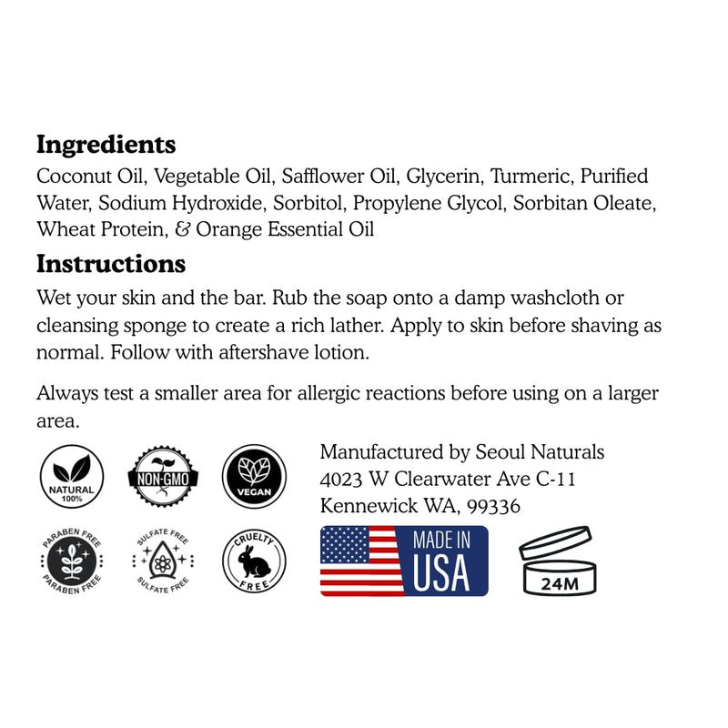 Seoul Naturals Shaving Bar Soap, Turmeric & Orange Scent, k beauty, 5.5 oz
