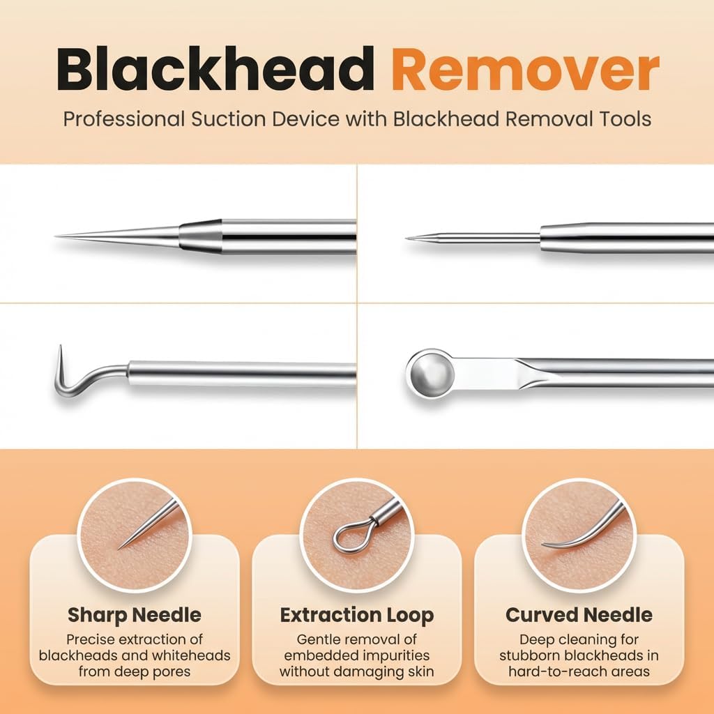 Blackhead Remover Vacuum - 9-in-1 Pore Cleaner Kit with 5 Probes & 4 Extractor Tools | Professional Facial Suction Tool (Black)