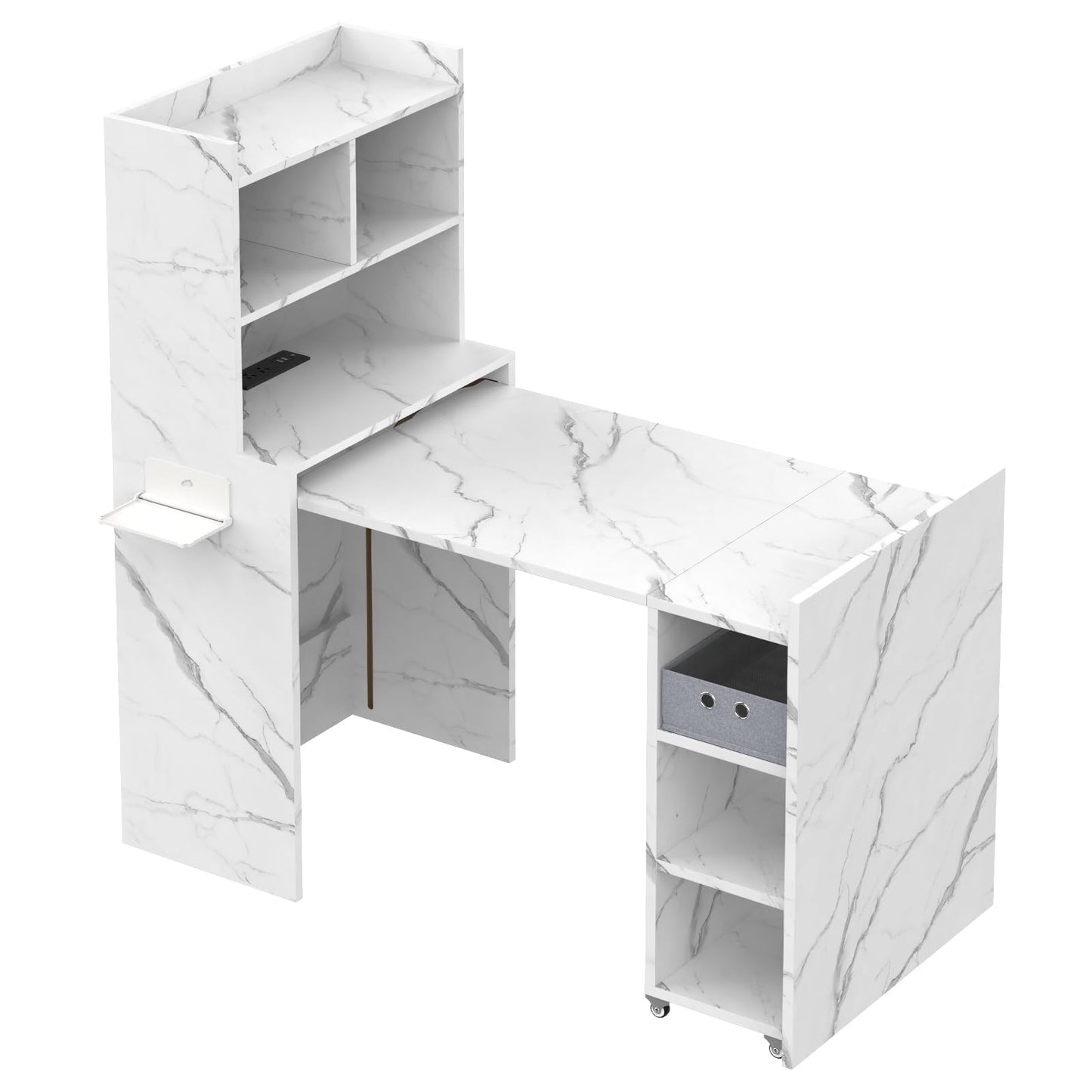 Foldable Manicure Table Nail Desk, Extendable Nail Tech Table with Storage Shelves & a Fabric Drawer, Wall Mount Nail Station Modern Multipurpose Table Home Office Beauty Spa Salon, White Marble