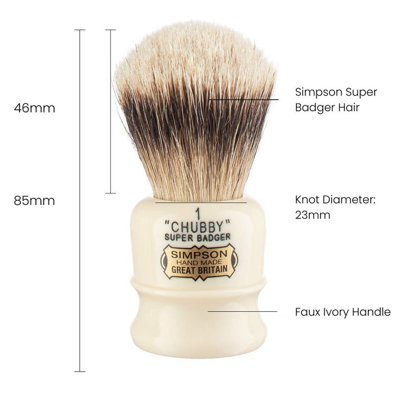 Simpsons Chubby 1 Super Shaving Brush - CH1 Super High Density Knot, Hand-Turned Ivory Handle Simpson Shaving Brushes - Wet Shave Deluxe Thick & Luxurious Lather Handle Dense & Extra Soft Bristles