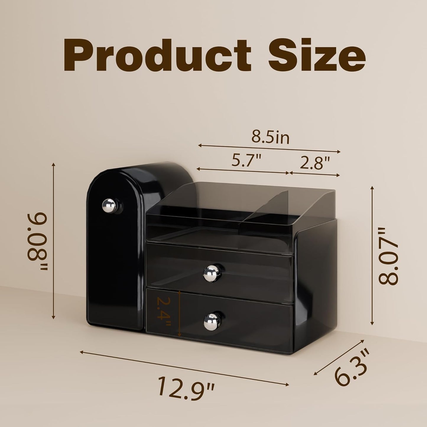 Makeup Organizer - Large Dustproof Vanity Storage with 2 Clear Drawers | Black Skincare & Cosmetics Holder